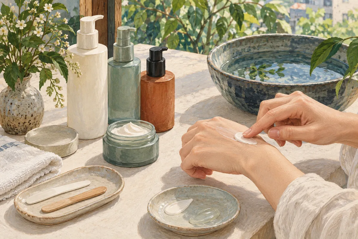 Illustrated skincare-testing counter with unbranded bottles, cream, washcloth and water basin.
