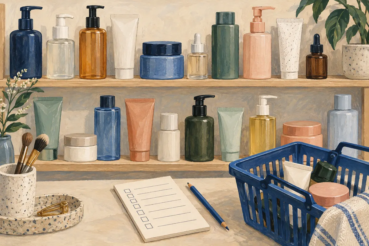 Varied unbranded skincare packages on shelves beside a small shopping basket.