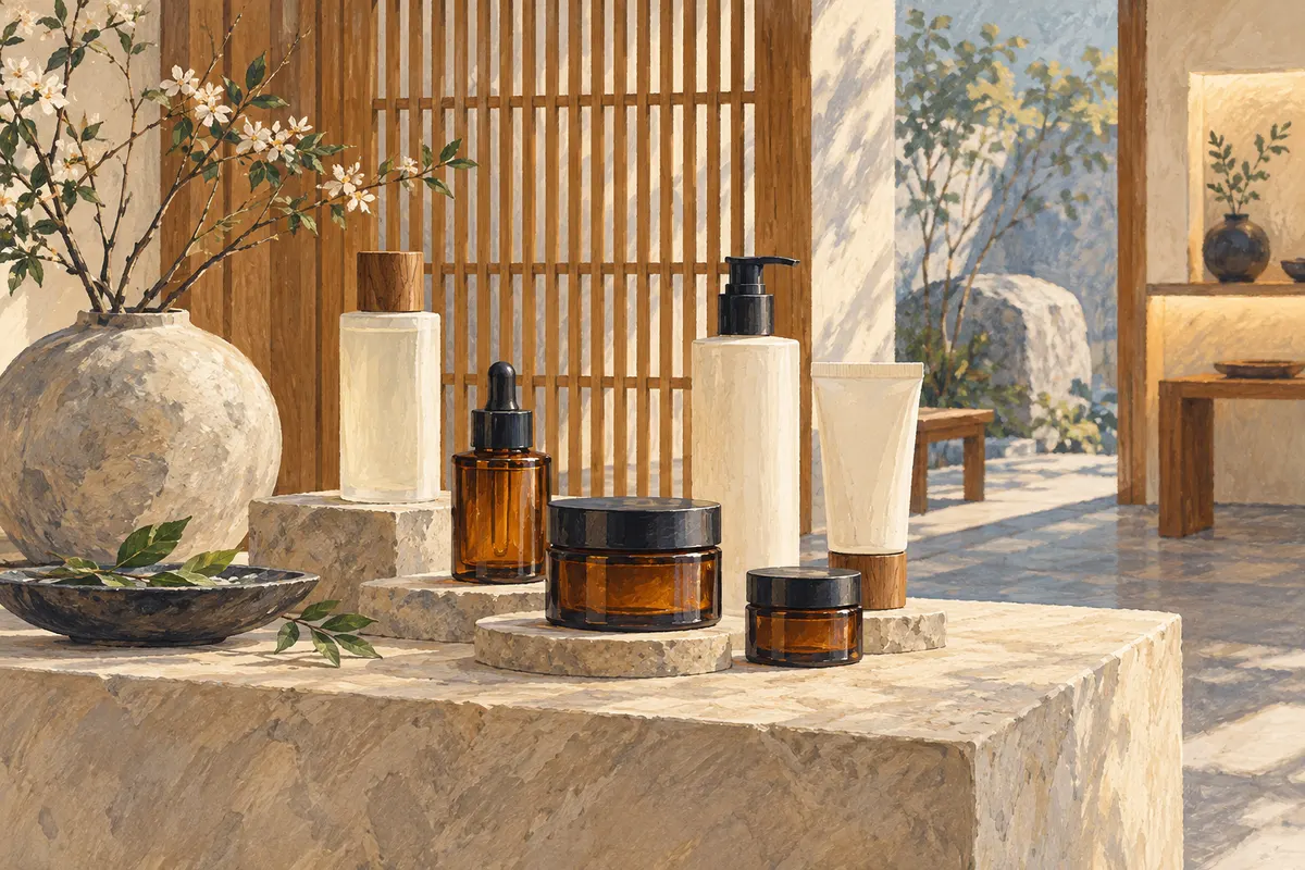 A coordinated display of amber jars and cream bottles on a stone plinth in an imagined boutique.