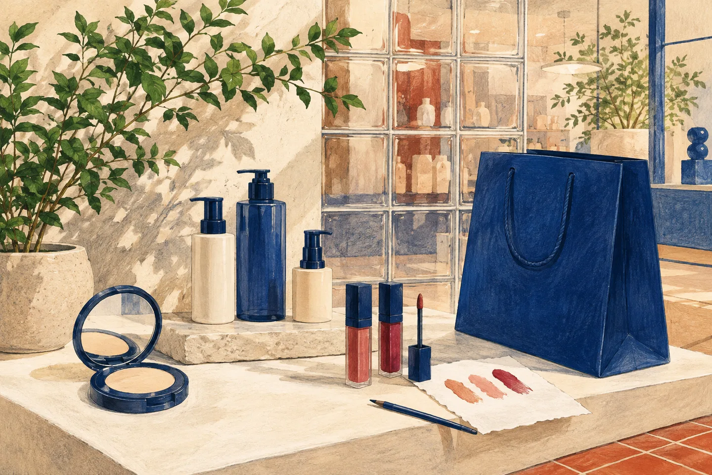 Illustrated unbranded skincare bottles, makeup and a blue shopping bag in a sunlit shop.