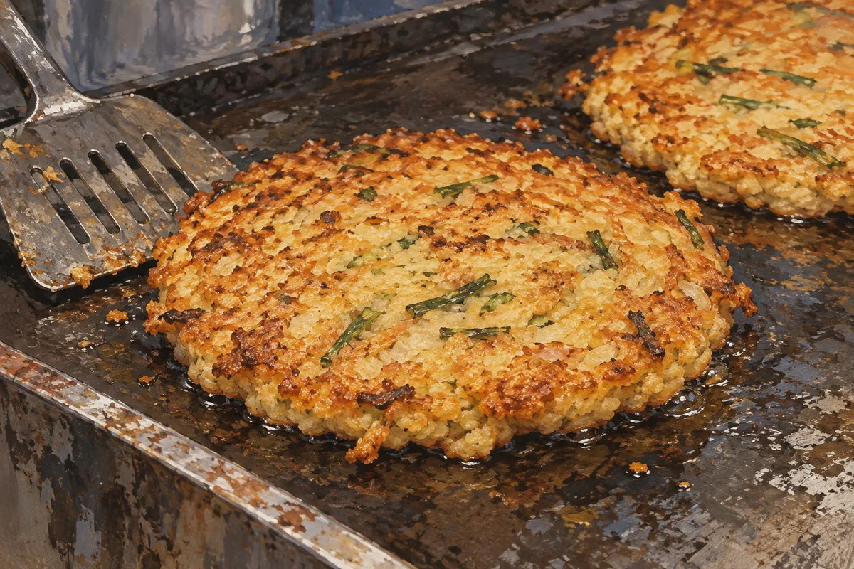 Two illustrated golden mung-bean pancakes cooking on an iron griddle.