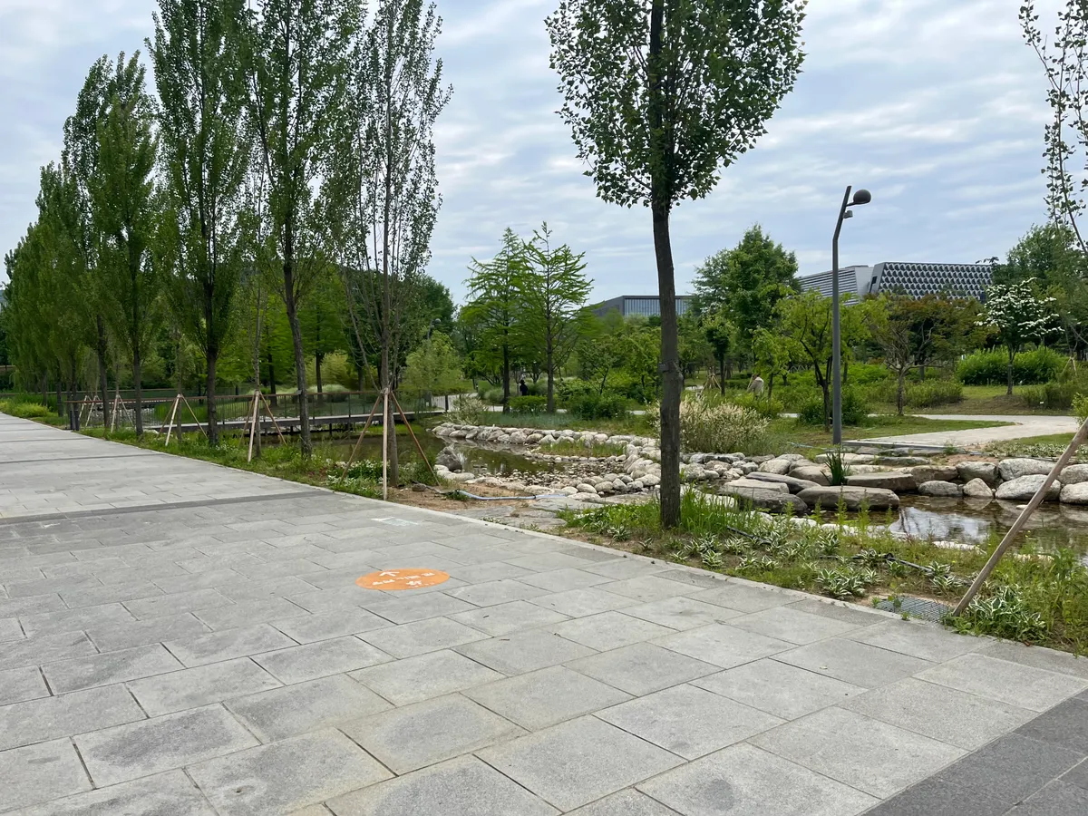 A paved path, young trees and planted stream at Seoul Botanic Park.