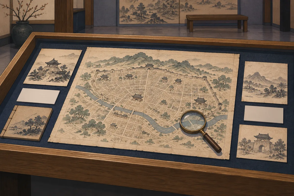 An illustrated museum reading display with an imagined old city map and a magnifying glass.