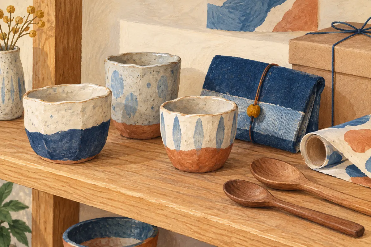Illustrated ceramic cups, a textile pouch and wooden spoons on a craft shelf
