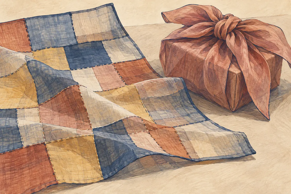Illustrated wrapping cloths showing patchwork seams and a cloth tied around a box