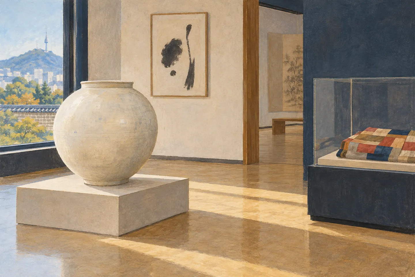 Painted study of a white ceramic jar, a textile display and an imagined museum gallery