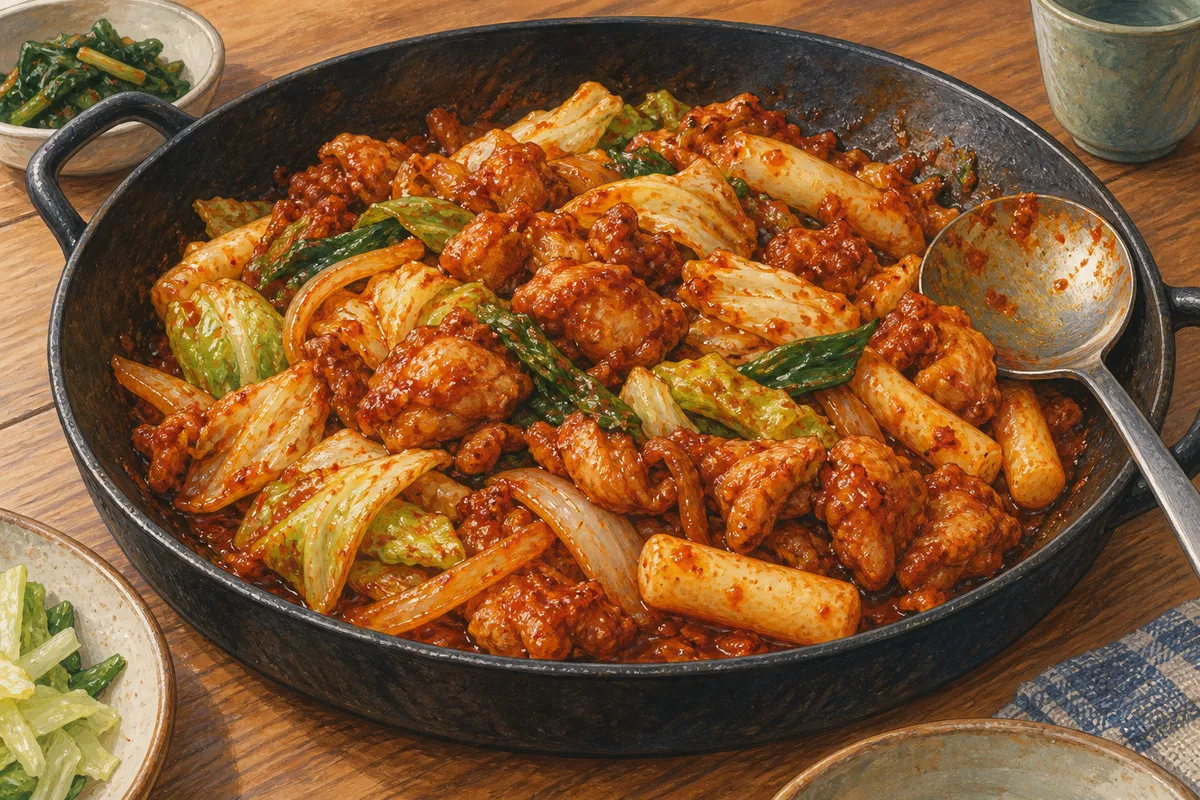 Illustrated pan of spicy stir-fried chicken with cabbage, onion and rice cakes.