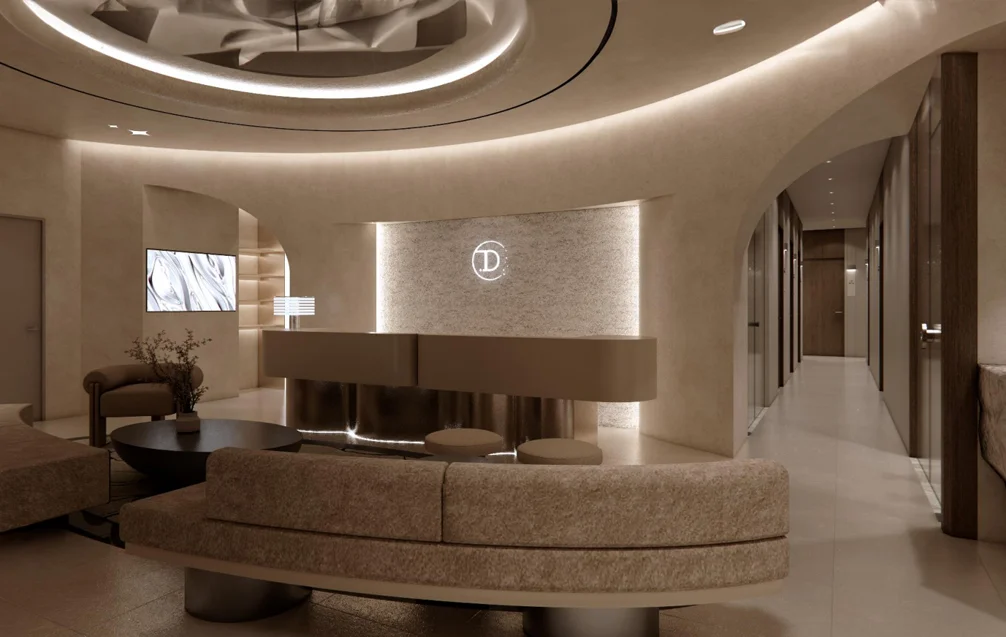 Seating area beside the reception desk at Delight Dermatology.