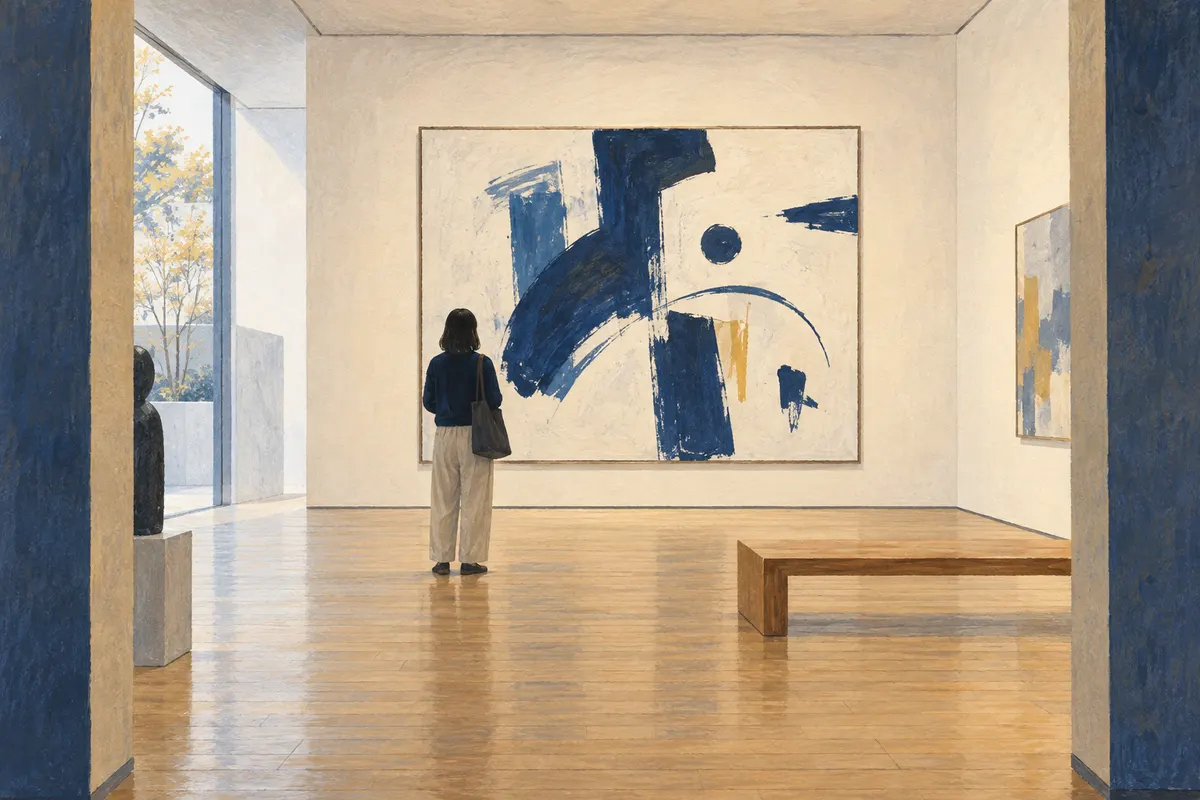 An illustrated visitor looking at an abstract painting in an imagined gallery