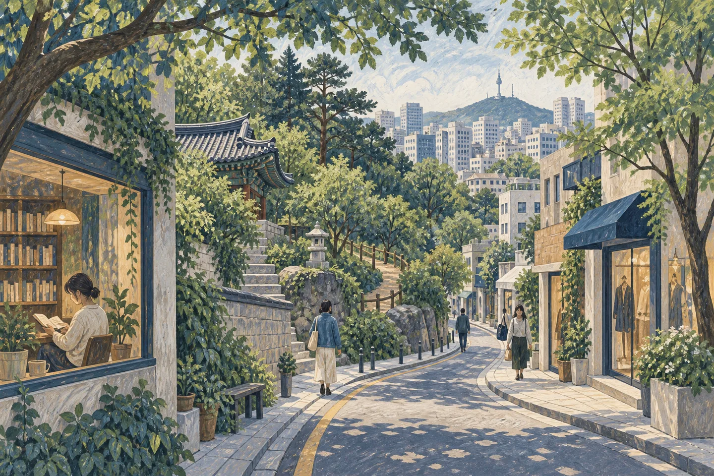 An imagined Seoul street with a reading room, temple roof, trees and shopfronts
