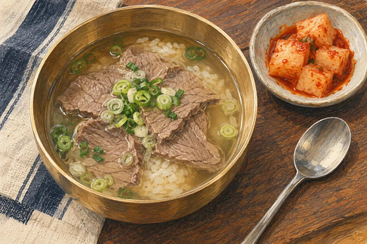 Painted brass-colored bowl of clear beef gomtang with rice and scallions.