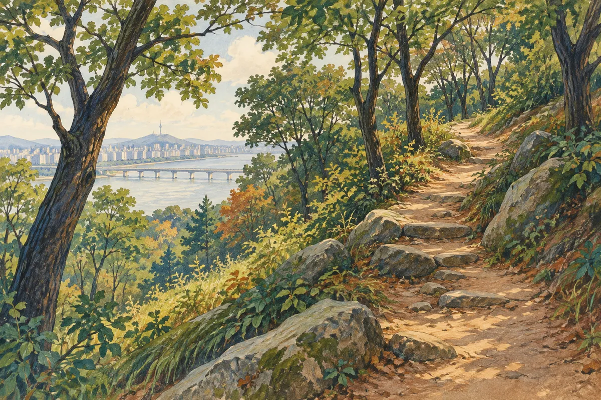 Painted woodland path climbing a small leafy hill with distant river glimpses.
