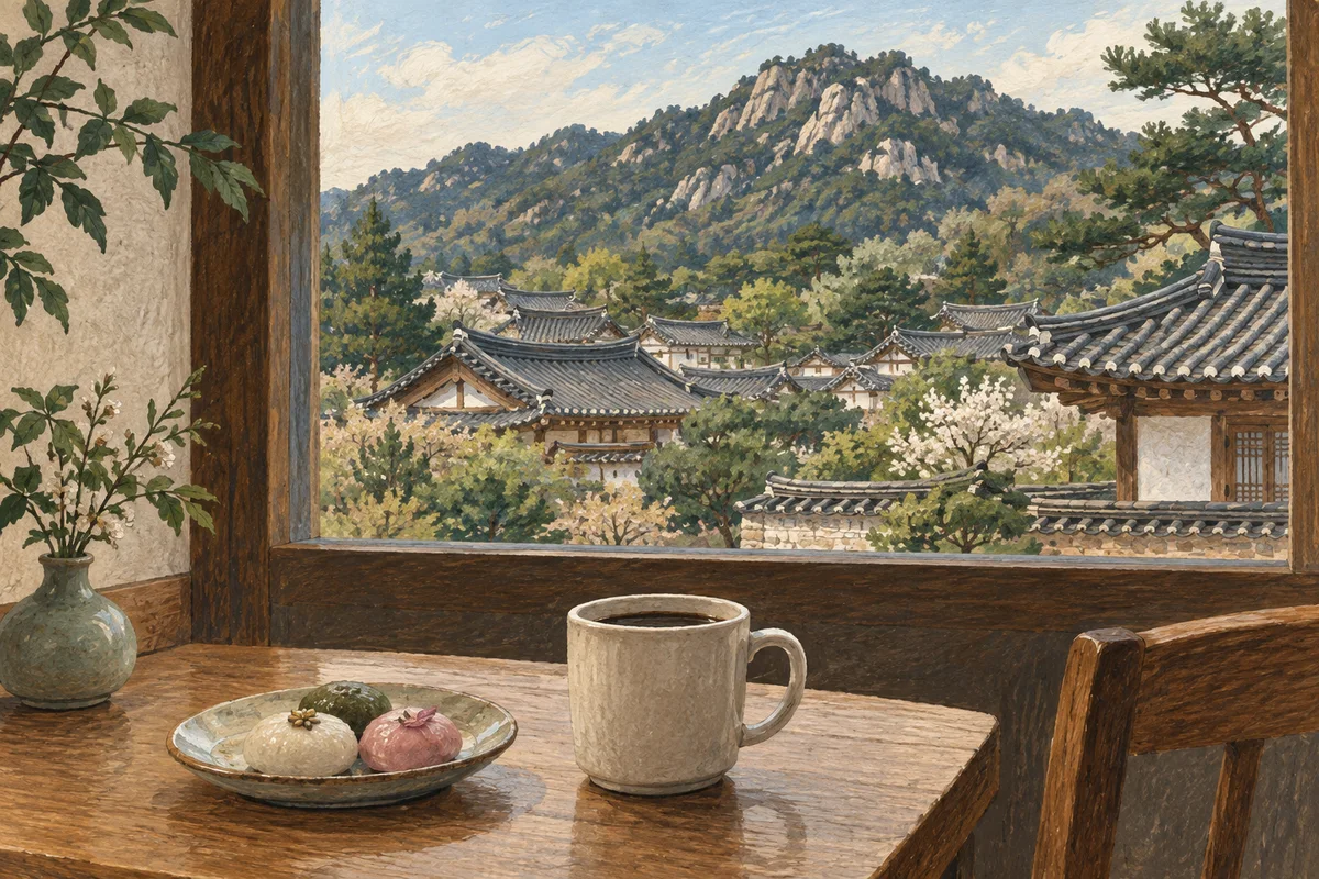An imagined café table looking toward hanok rooftops and a wooded rocky ridge.