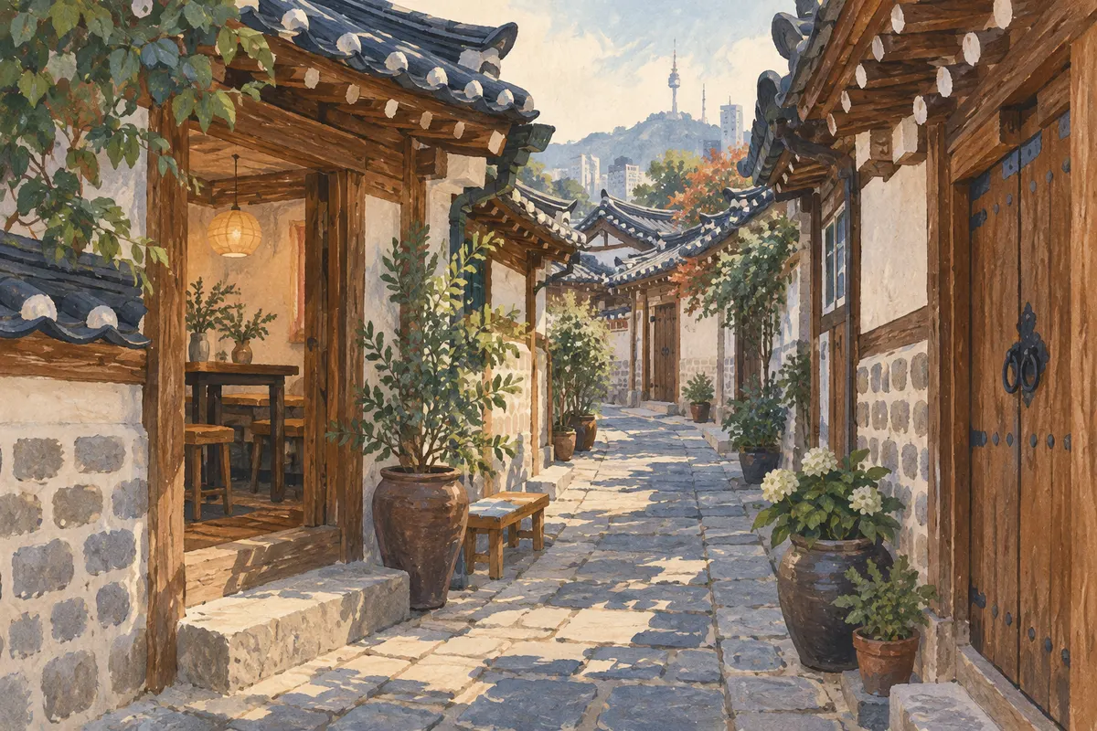 An imagined narrow hanok lane with low tiled eaves, timber doors and a small café entrance.