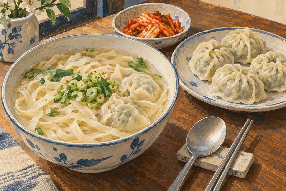 Knife-cut noodle soup, steamed mandu and a small kimchi dish on a lunch table.