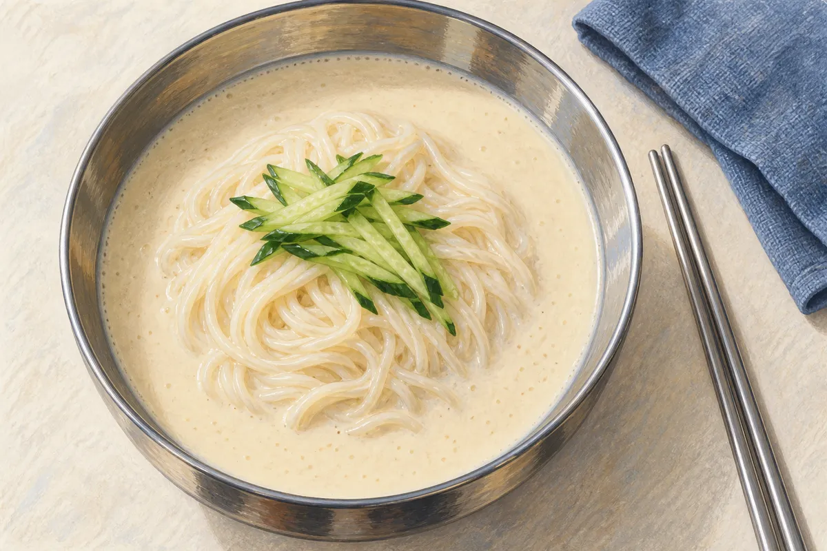 Illustrated stainless bowl of soybean-broth noodles topped with cucumber.