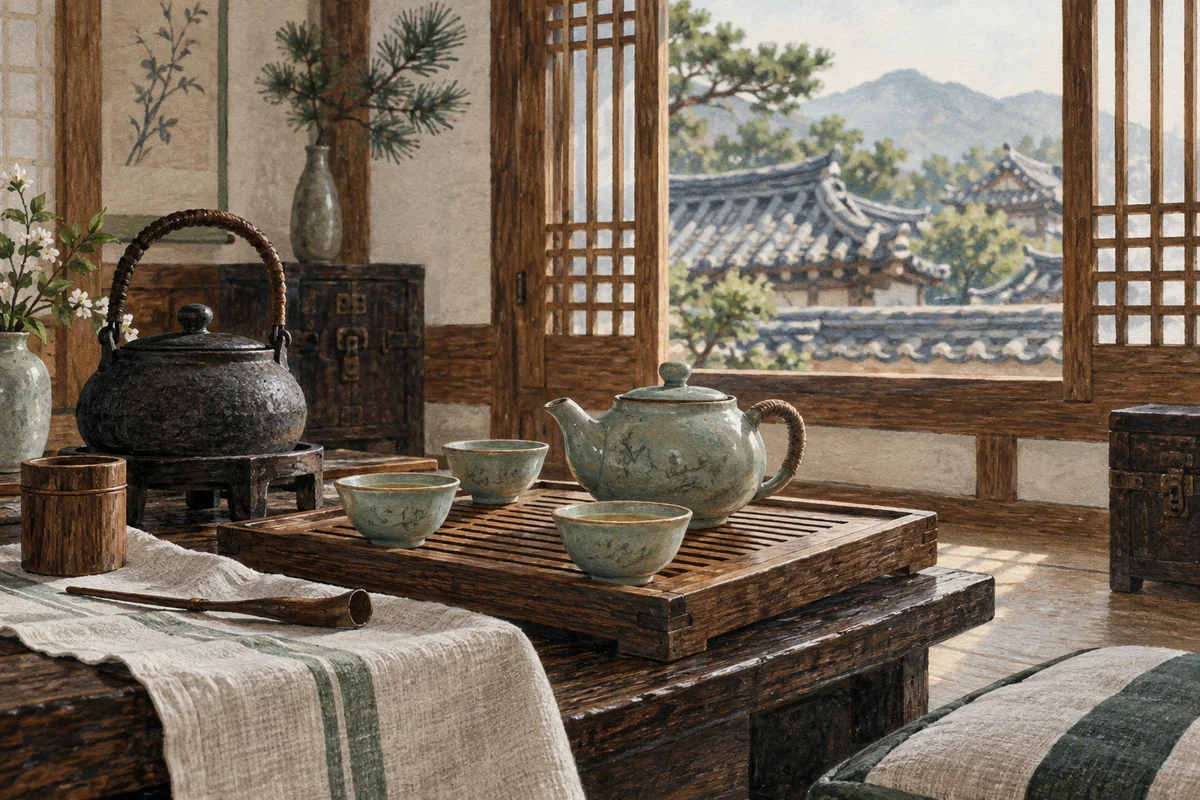 An imagined Korean tea setting with celadon cups and a wooden tray inside a hanok.