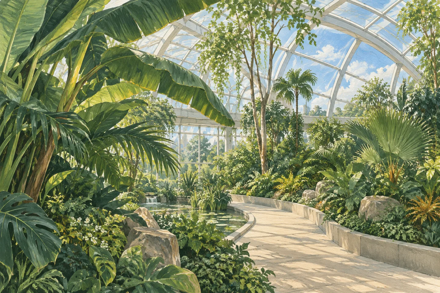 Gouache illustration of tropical plants, a curving path and a glass conservatory roof.
