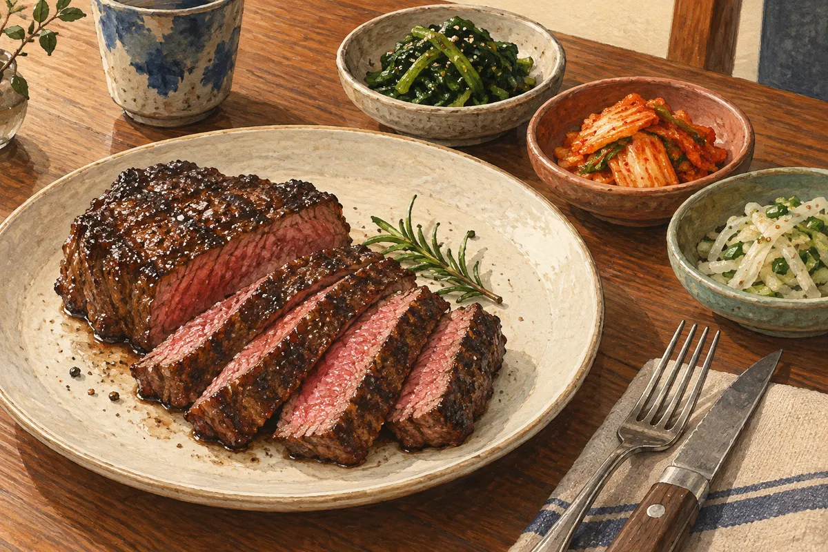 Illustration of sliced grilled steak with small Korean-style vegetable side dishes.