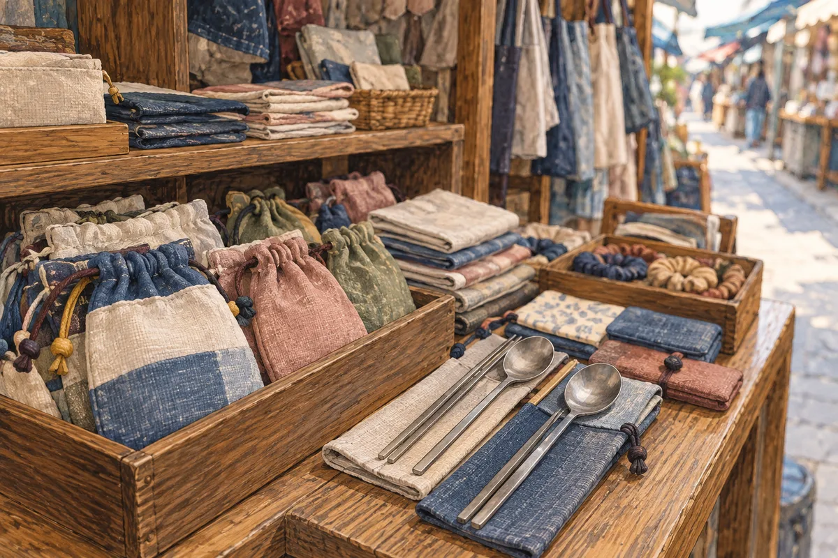 Illustrated fabric pouches, metal spoons and chopsticks on a market browsing table.