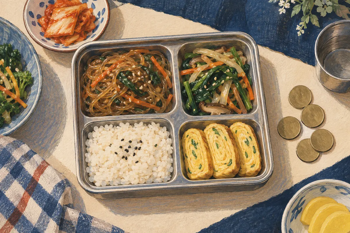 A compartmented Korean lunchbox with rice, noodles and side dishes beside plain tokens.