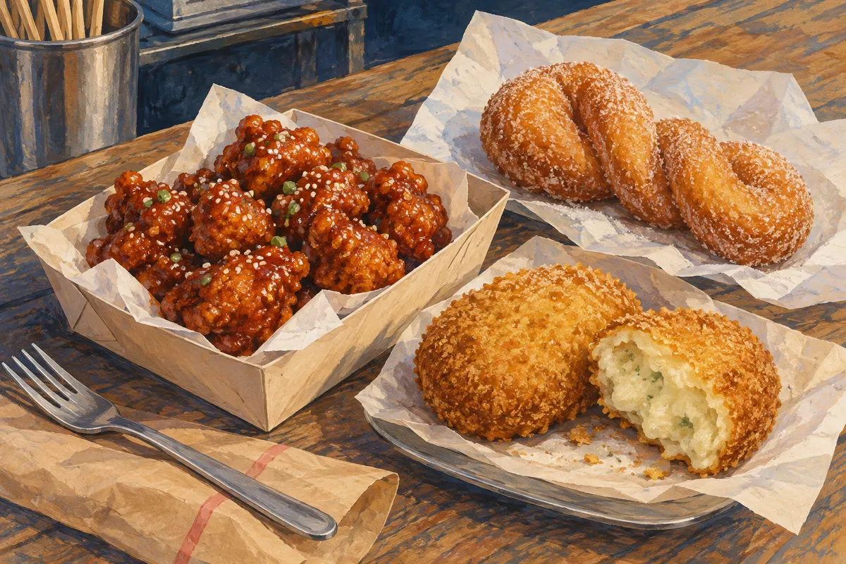 Dakgangjeong chicken bites, potato croquettes and a twisted doughnut on a market table.