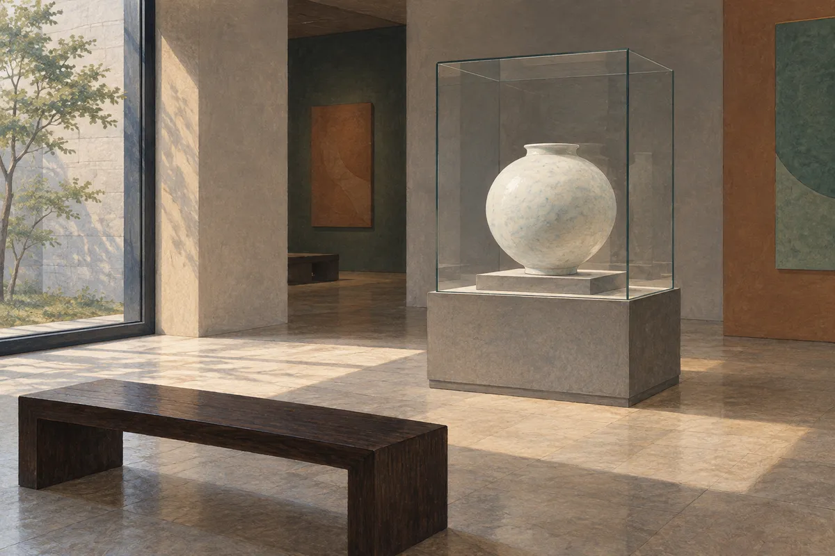 Conceptual illustration of a quiet museum gallery with an unnamed ceramic jar and bench.