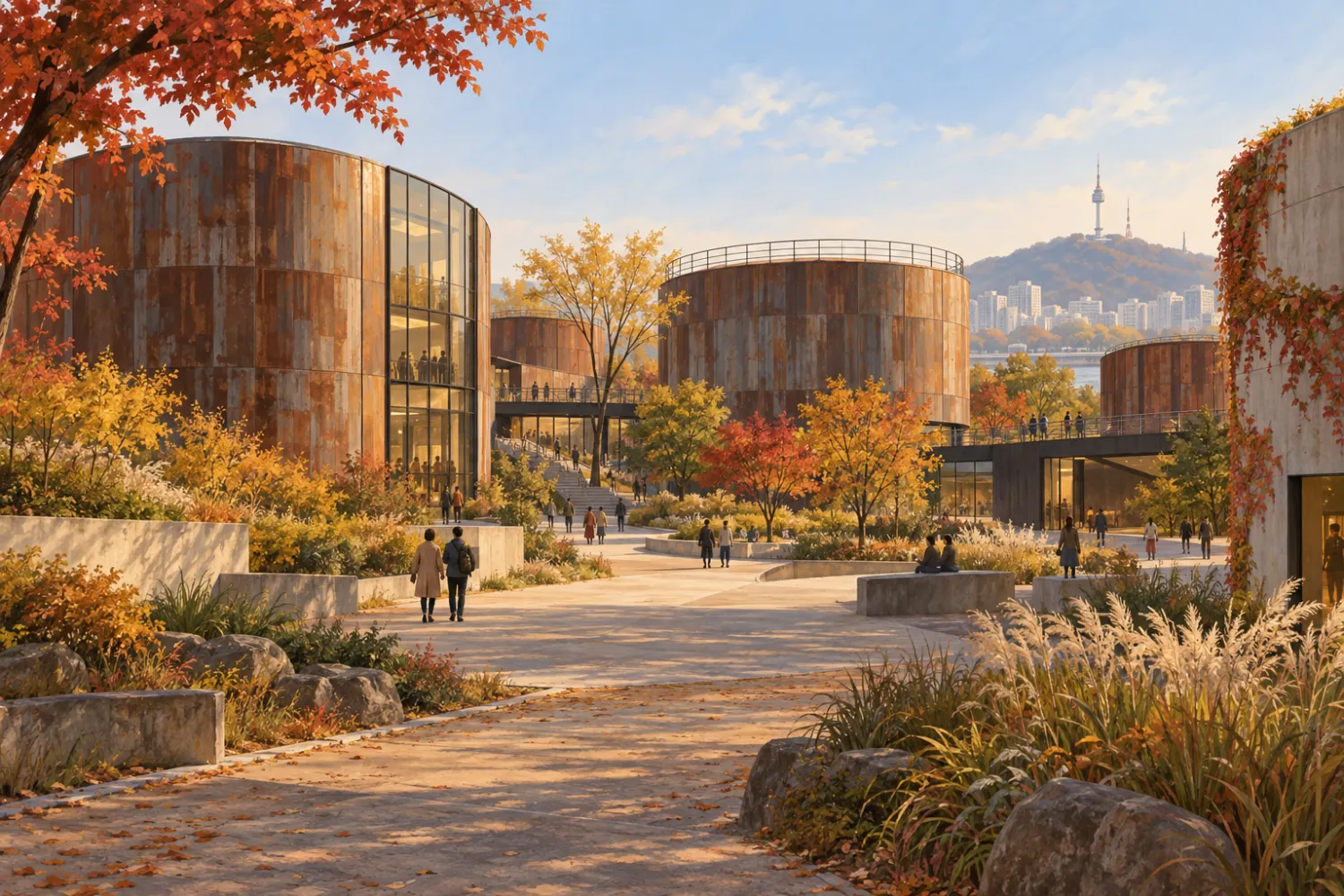AI-generated illustration of circular industrial tanks in an autumn park setting.
