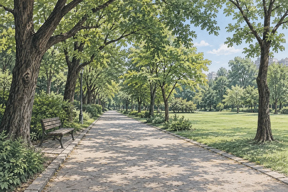 An illustrated tree-lined park path with a bench and an open lawn.