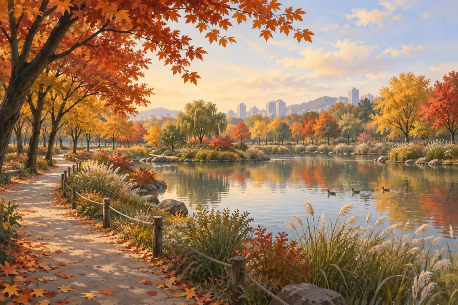 AI-generated illustration of an autumn pond and trees with an imagined Seoul skyline.