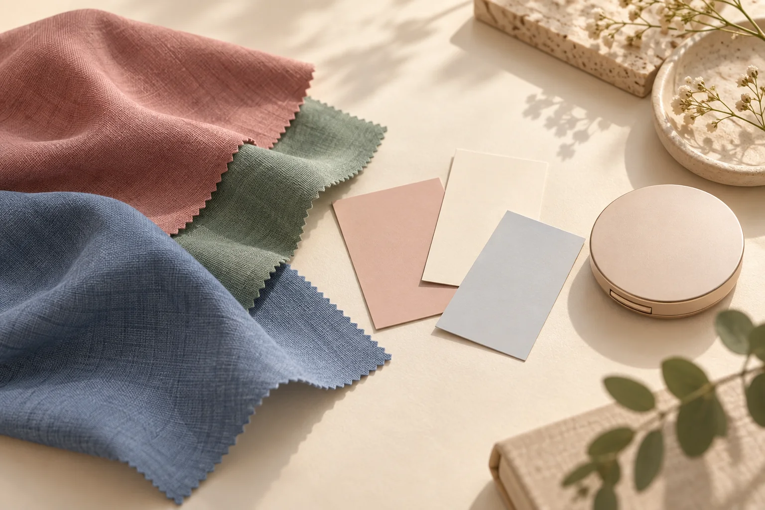 Fabric swatches, blank color cards and an unbranded compact on a tabletop.