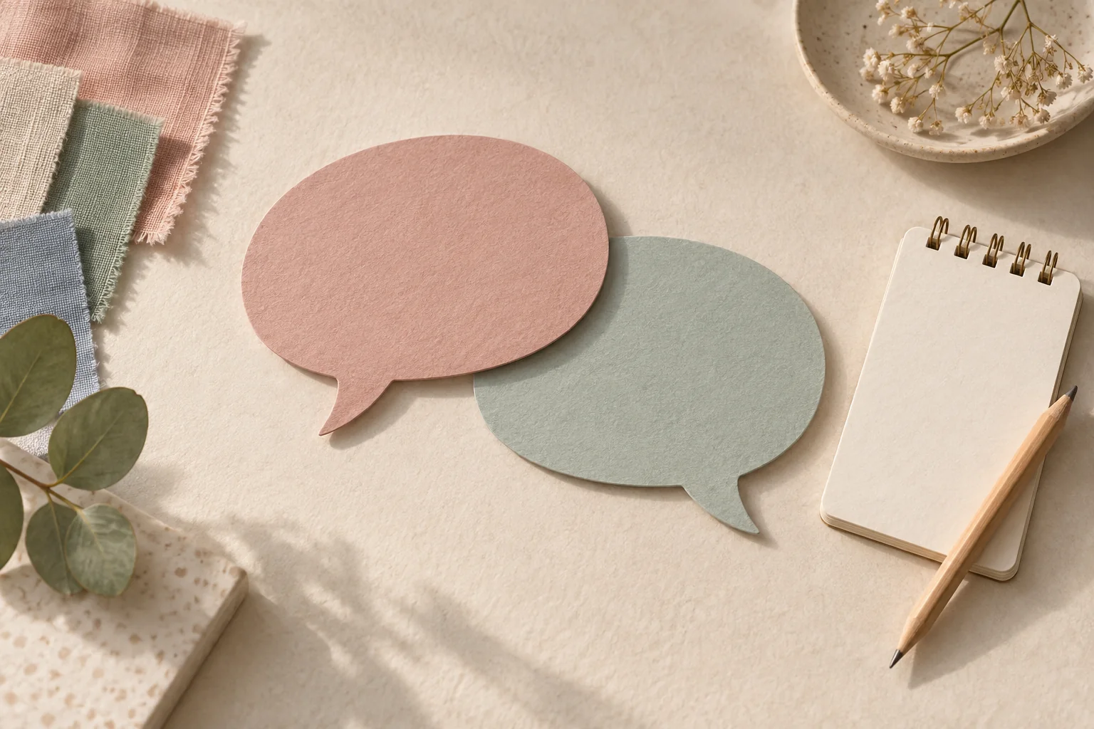 Two blank paper speech shapes beside an empty notepad.