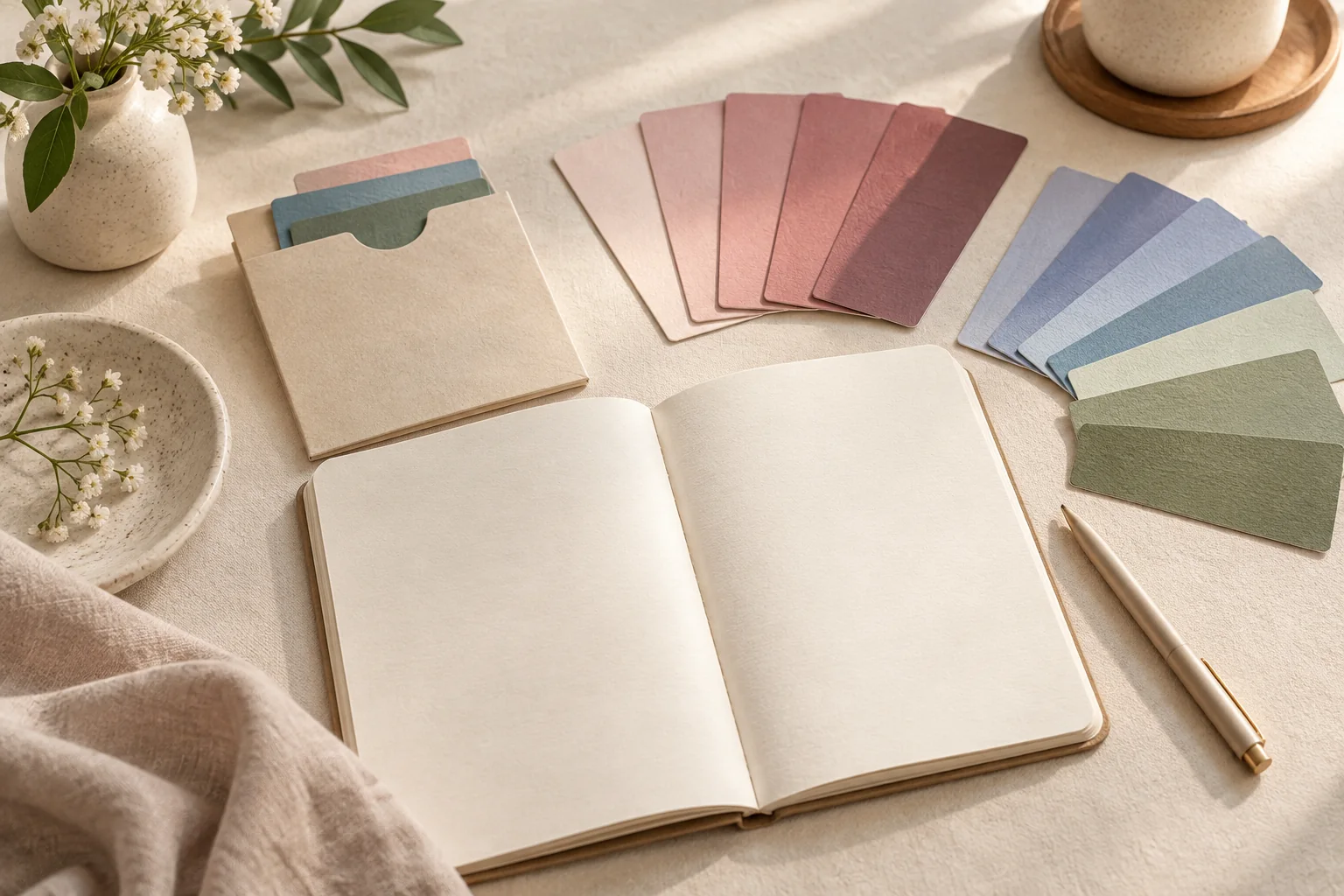 Blank notebook with unlabelled color cards and a plain paper sleeve.