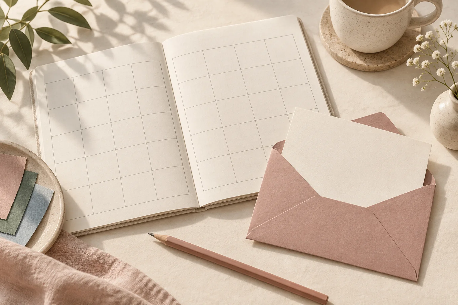 Blank calendar grid and a plain confirmation card in an envelope.