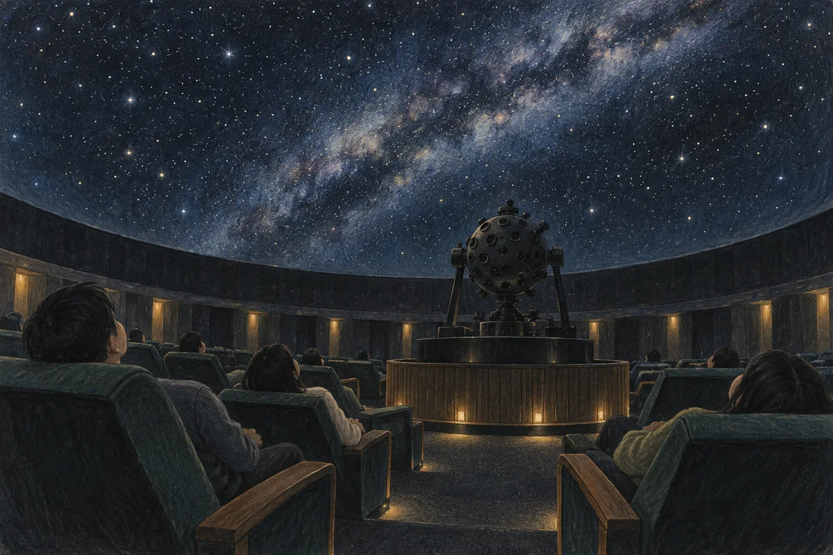 An imagined planetarium with reclining seats under a star-filled dome.