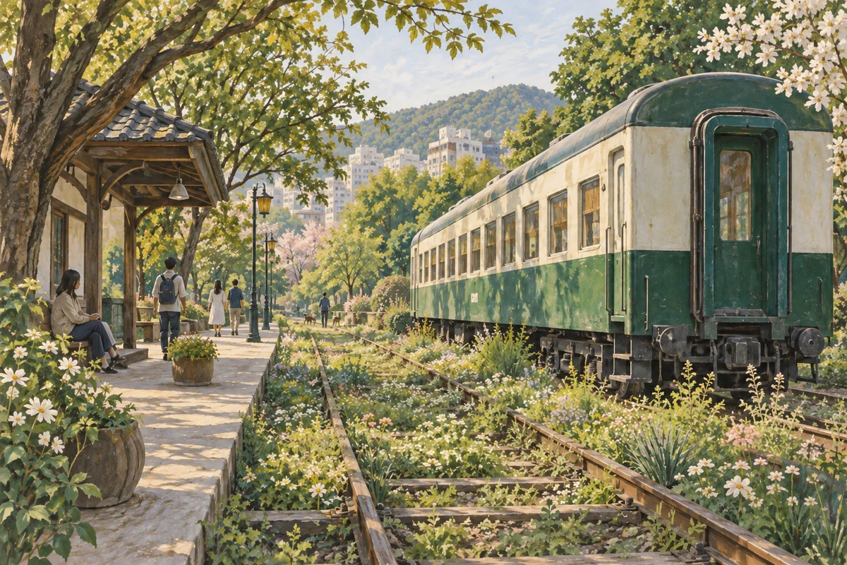 An imagined retired green railway carriage beside planted tracks in a Korean city park.