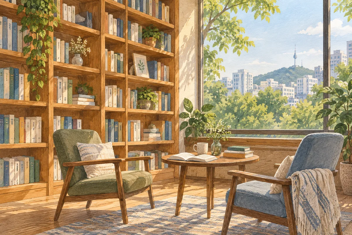 An illustrated reading corner with bookshelves, two chairs and an open book beside a large window.