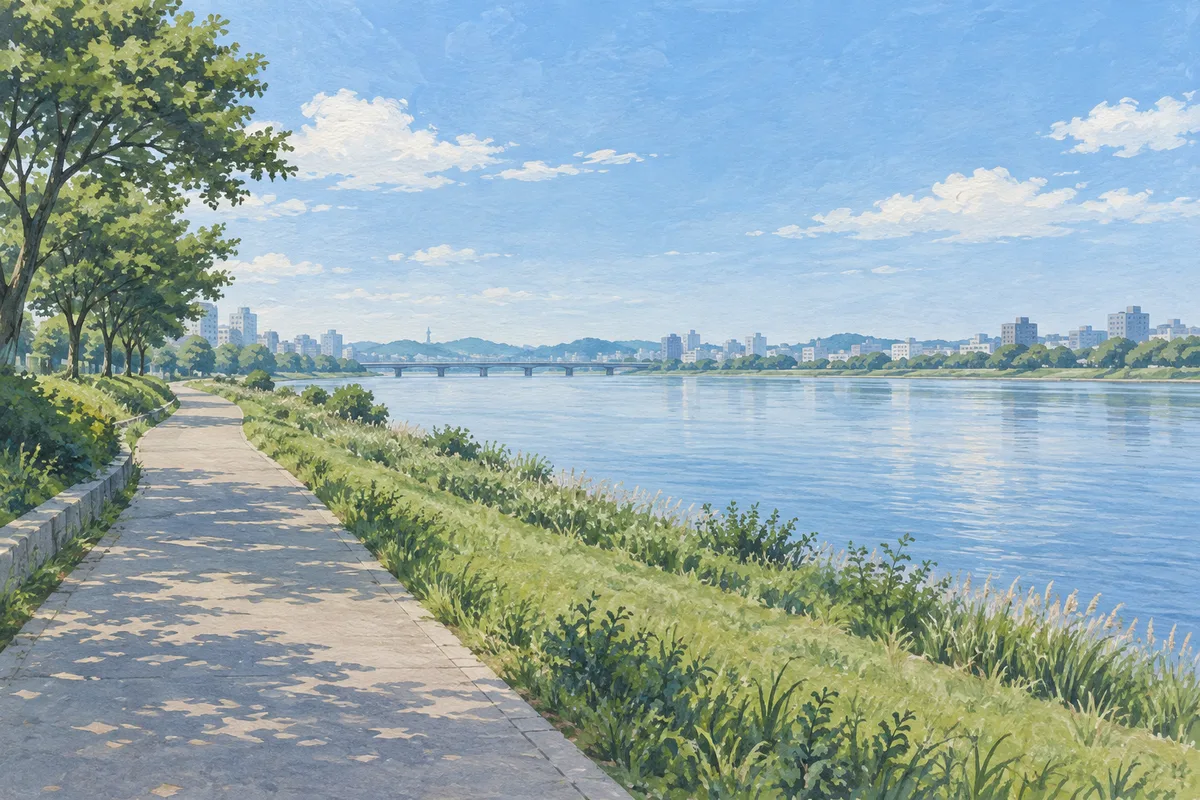 An illustrated riverside path beside broad water and a distant city skyline.