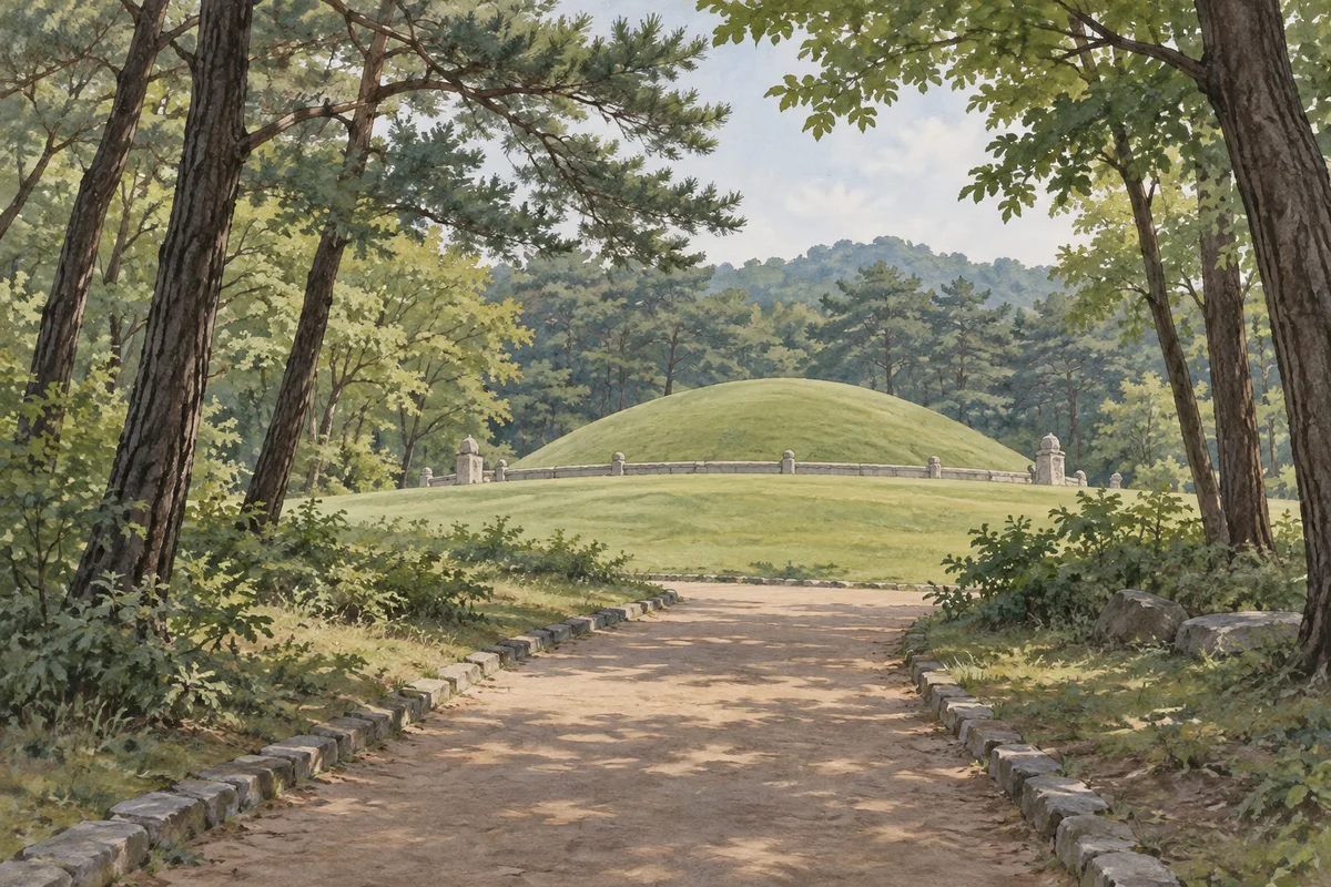 An illustrated grassy royal tomb mound and stone railing beyond a wooded path.
