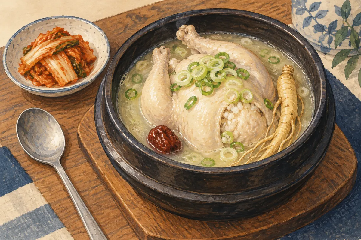 A whole cooked chicken in pale broth with ginseng, jujube and rice in an earthenware bowl.