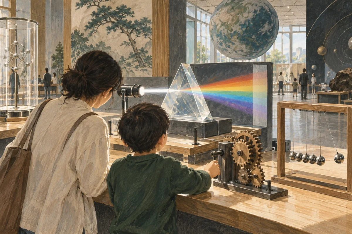 An imagined hands-on science table with a prism, gears and a pendulum.