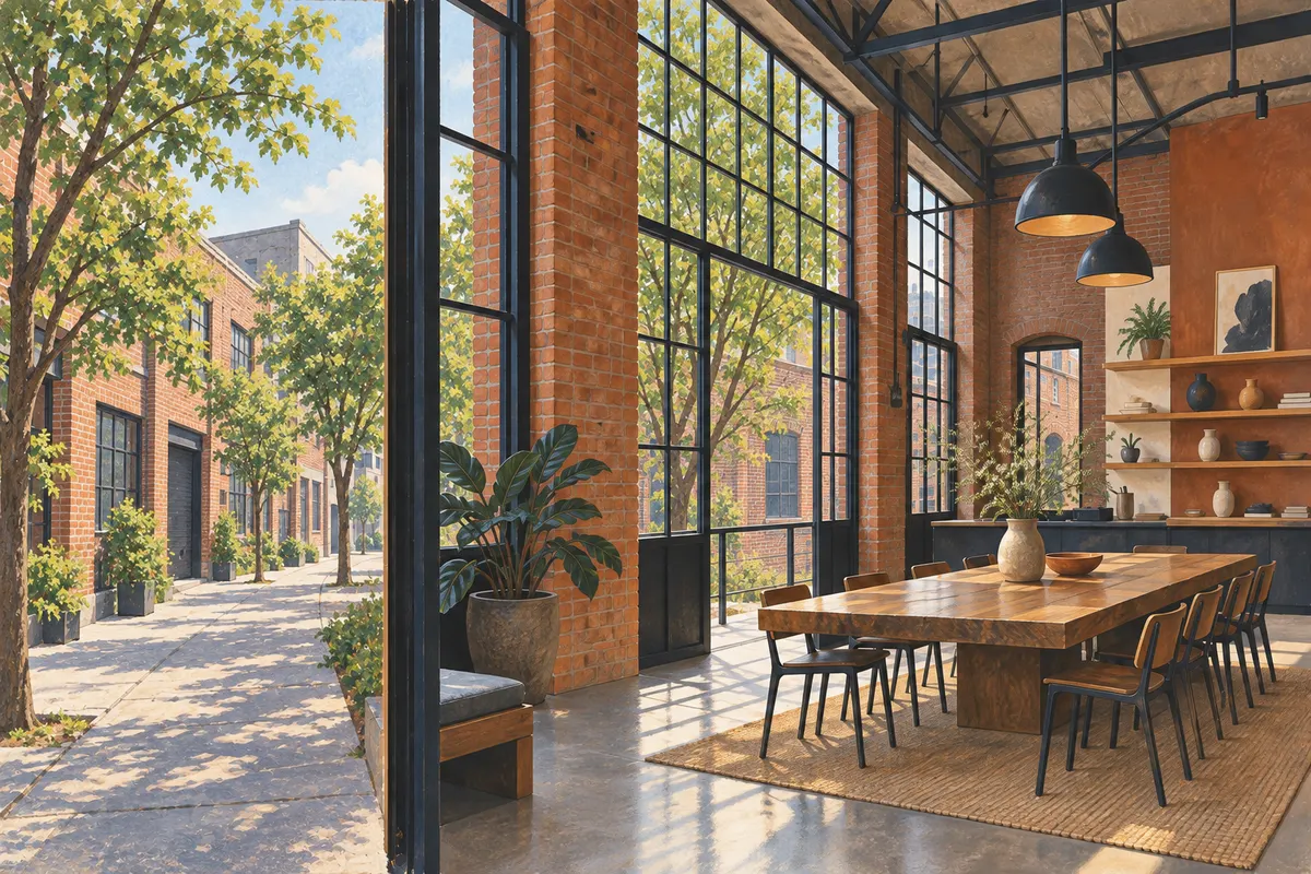 An imagined red-brick industrial café with tall steel-framed windows and a communal table.