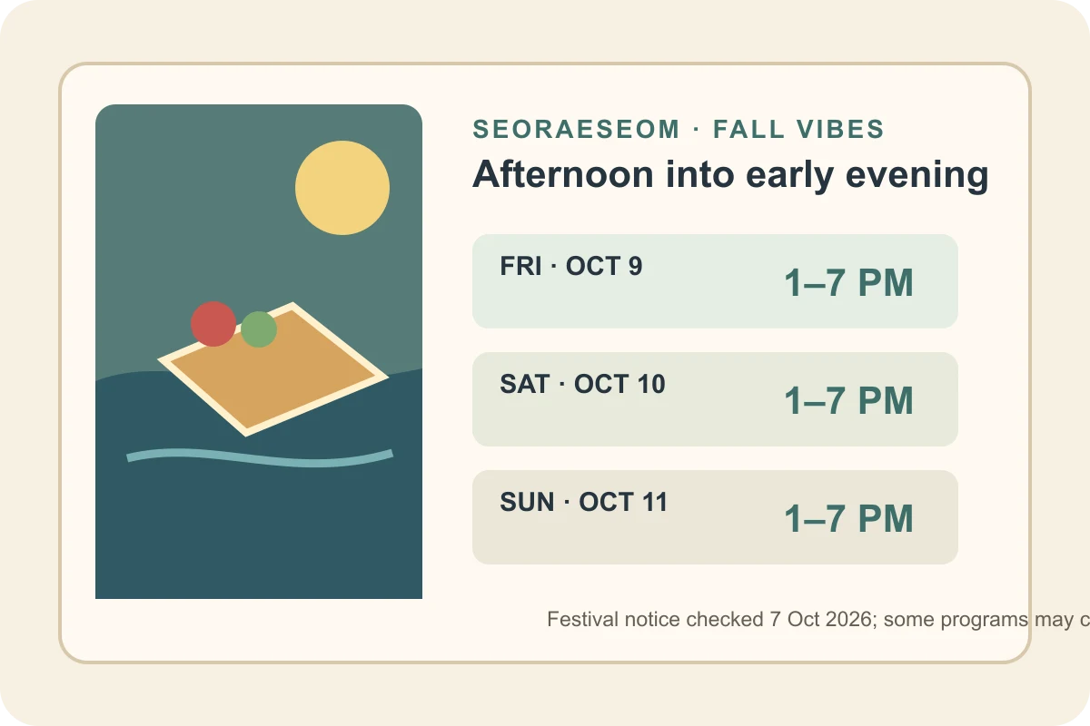Planning diagram for the Seoraeseom picnic concert showing 1 to 7 PM on Friday October 9, Saturday October 10 and Sunday October 11.
