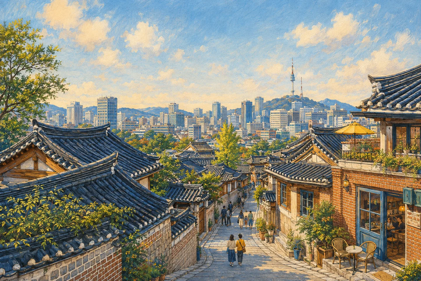 Illustrated Seoul-inspired alley with hanok rooftops, brick cafés and a distant skyline.