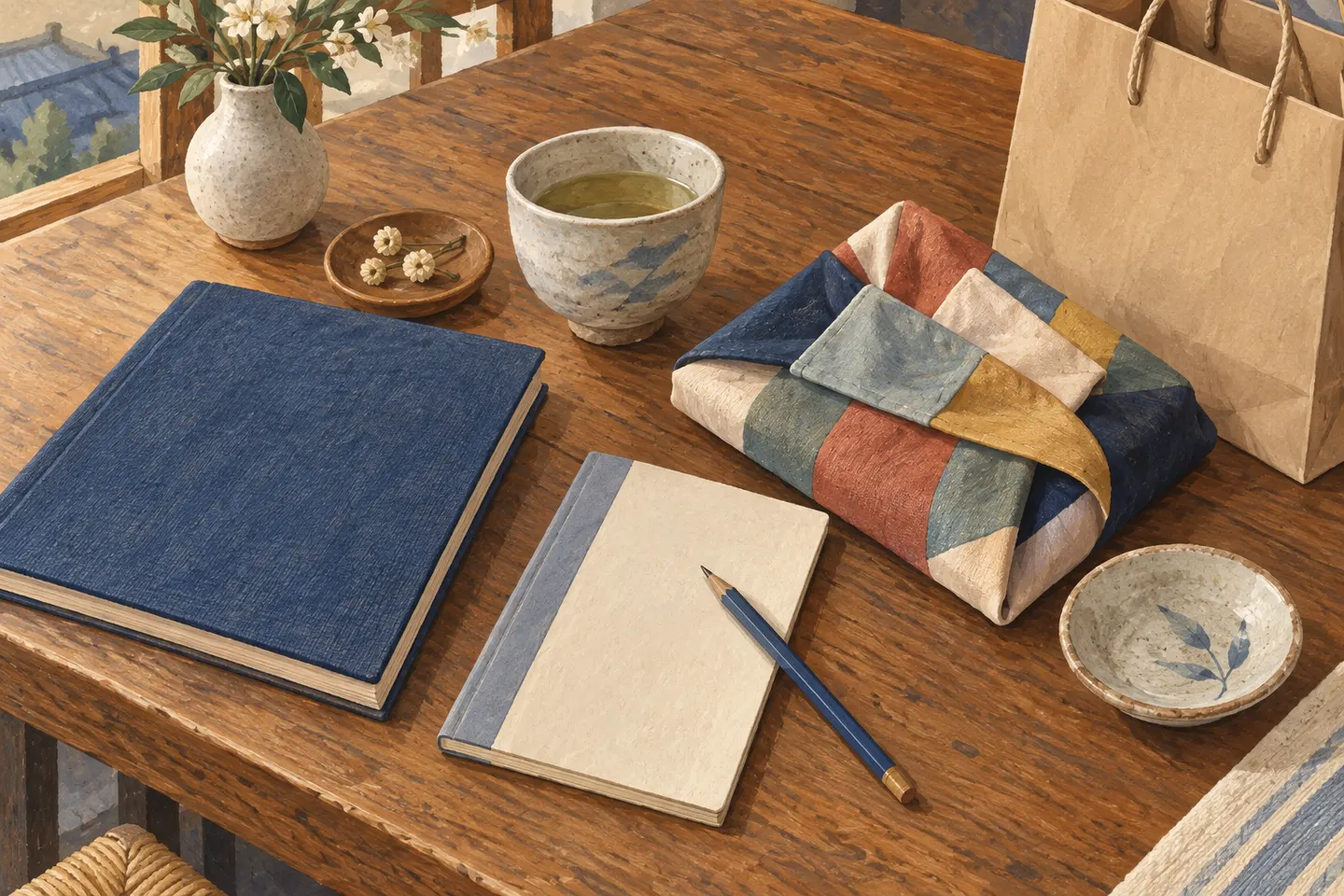 Painted still life of books, a ceramic cup, wrapping cloth and a paper shopping bag