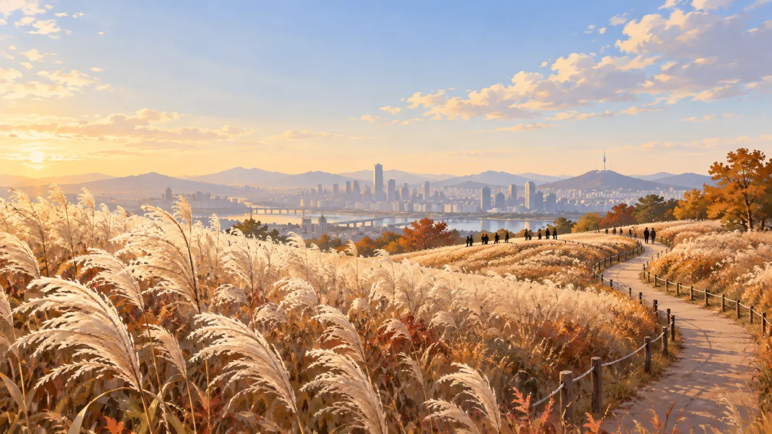 AI-generated illustration of silver grass at sunset with an imagined Seoul skyline.