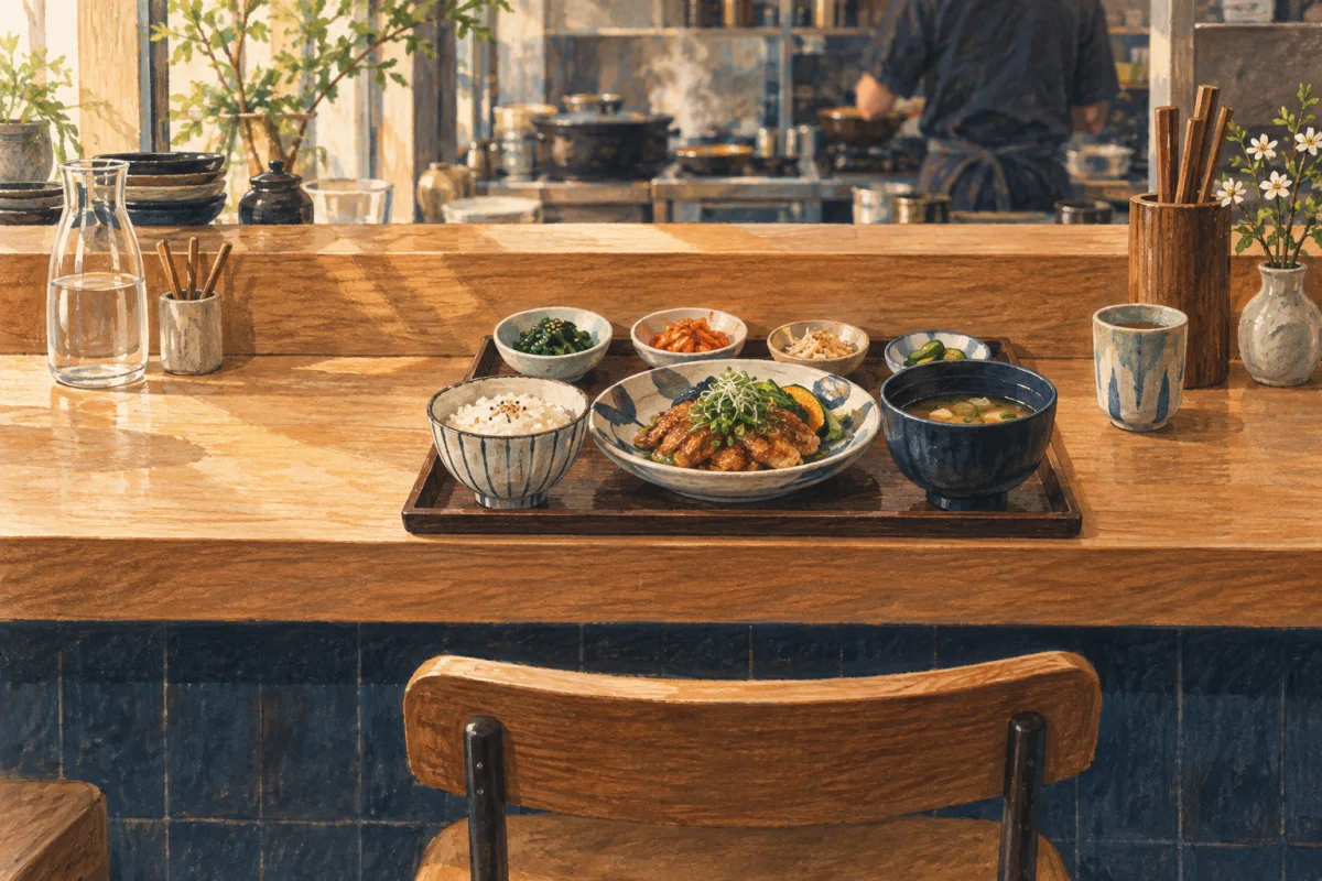 Illustrated Korean lunch tray with rice, soup and side dishes at a single bar-counter seat.