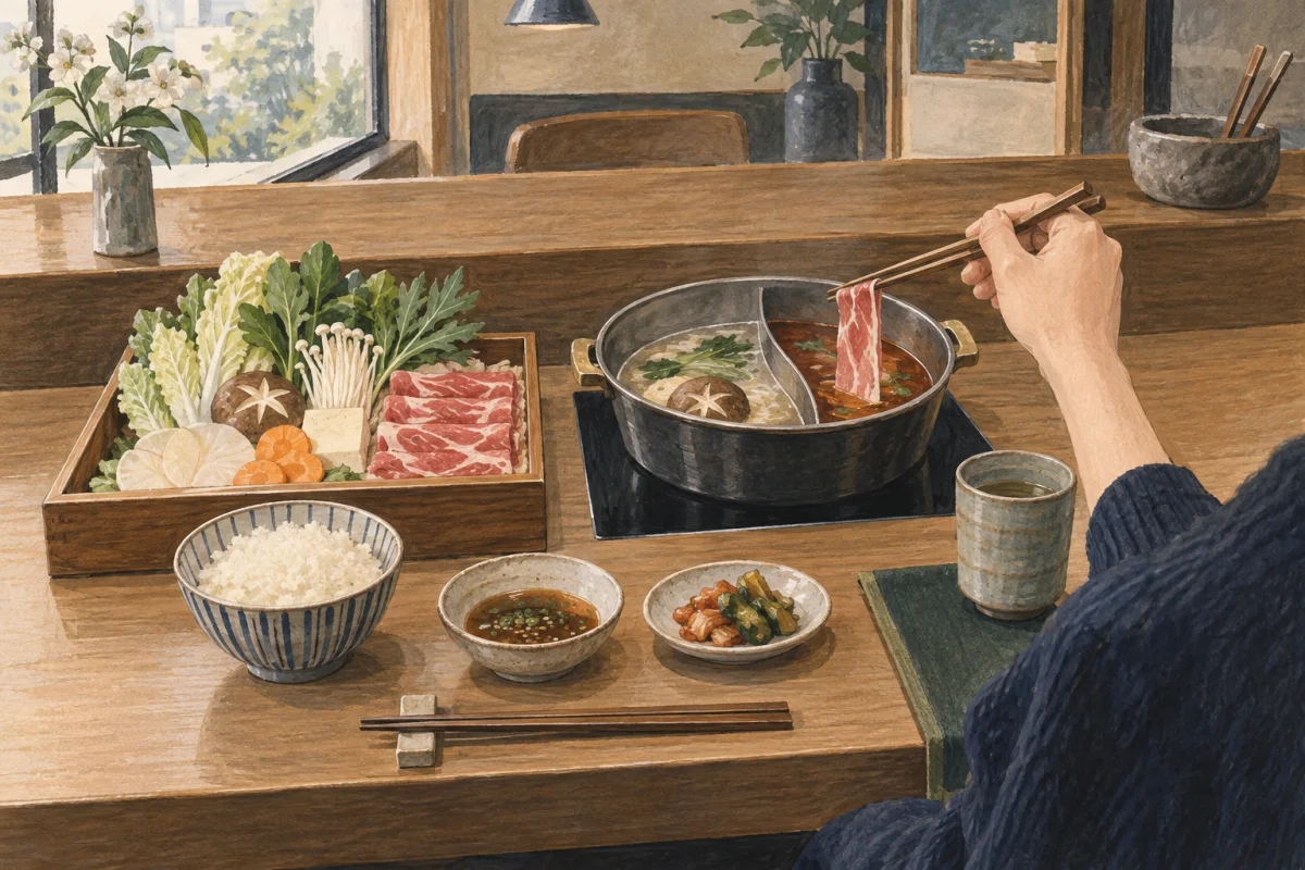 Illustrated individual divided hot pot with vegetables, sliced meat and one rice bowl at a restaurant counter.