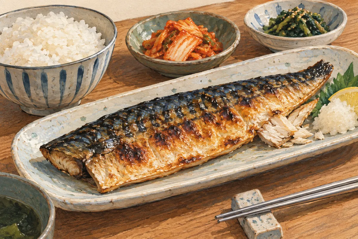 Illustrated grilled mackerel fillet with rice and a small kimchi side dish.