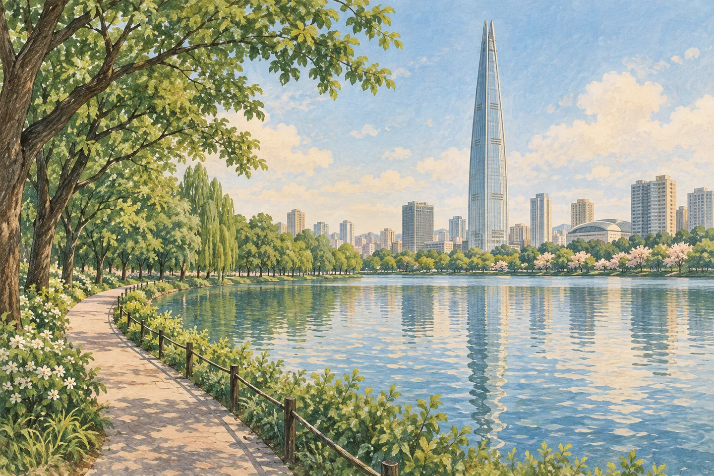 Hand-painted lake and curving tree-lined path beneath a tall, tapering Seoul tower.